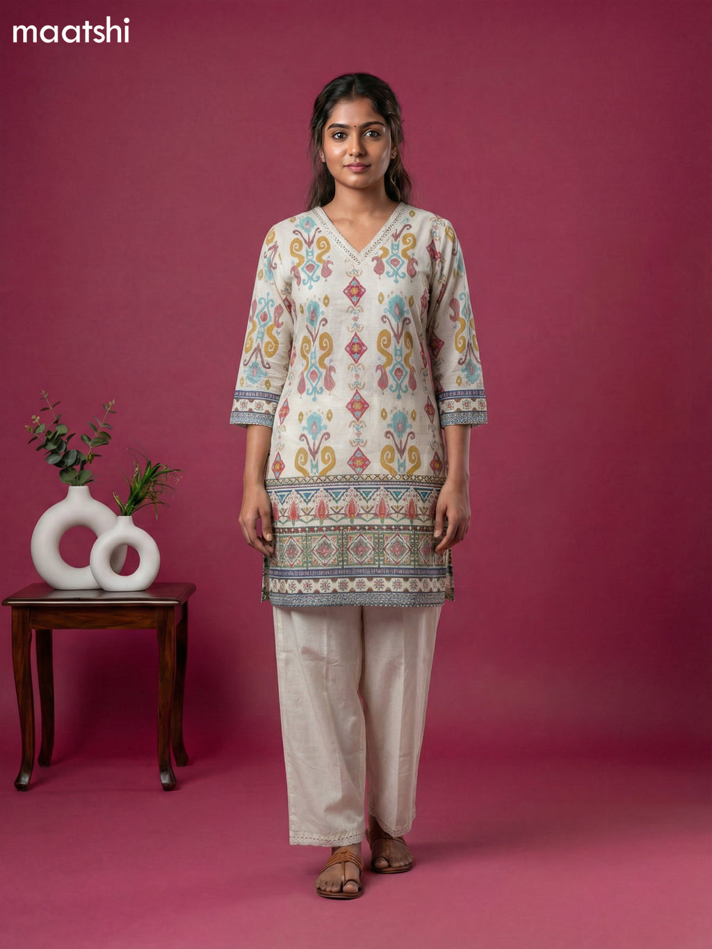 Cream Cotton Ikat Weaves Short Kurti Set