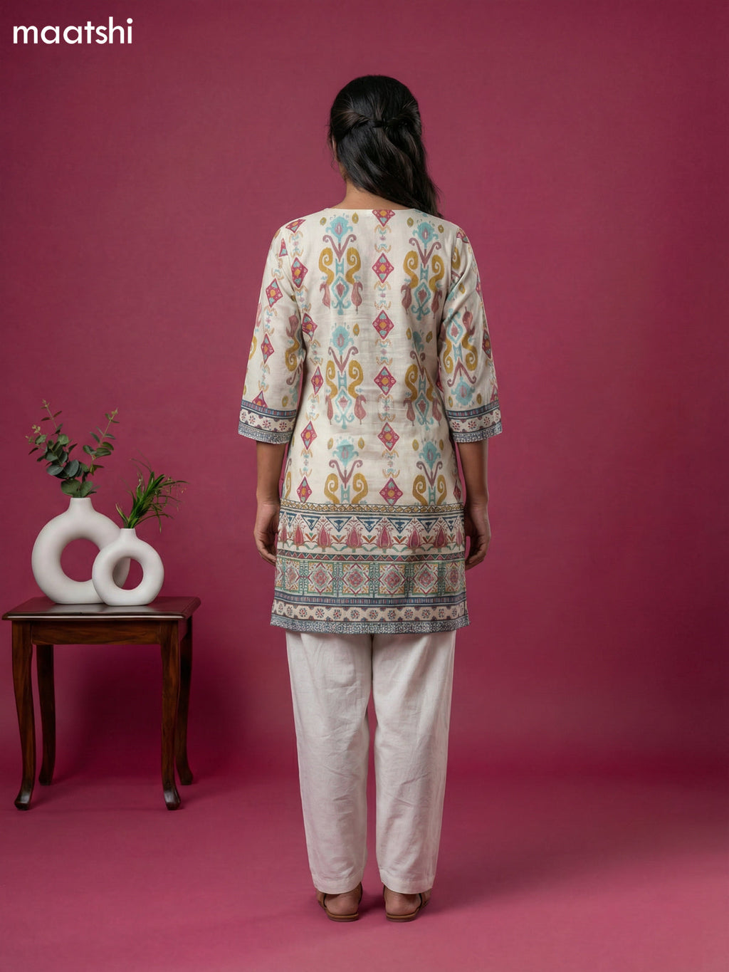 Cream Cotton Ikat Weaves Short Kurti Set