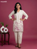 Off White and Mauve Pink Linen Cotton Printed Short Kurti Set