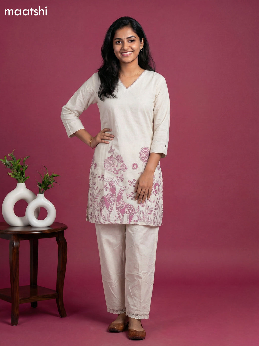 Off White and Mauve Pink Linen Cotton Printed Short Kurti Set