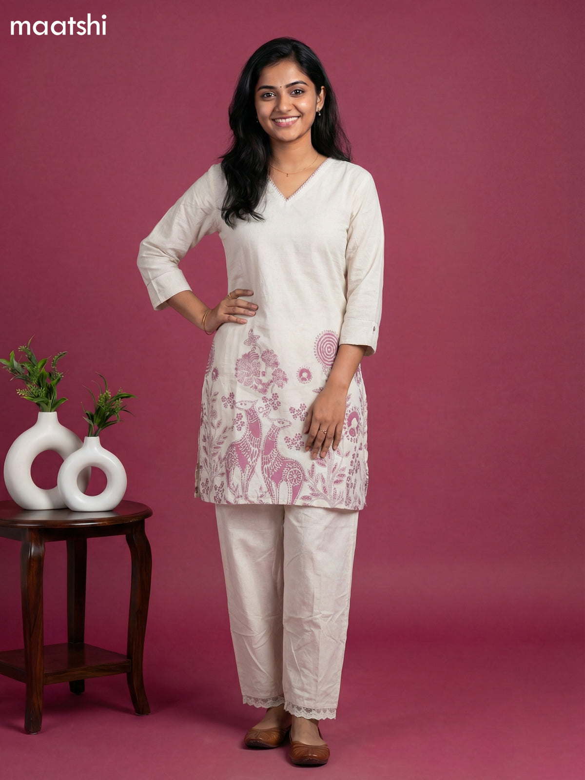 Off White and Mauve Pink Linen Cotton Printed Short Kurti Set