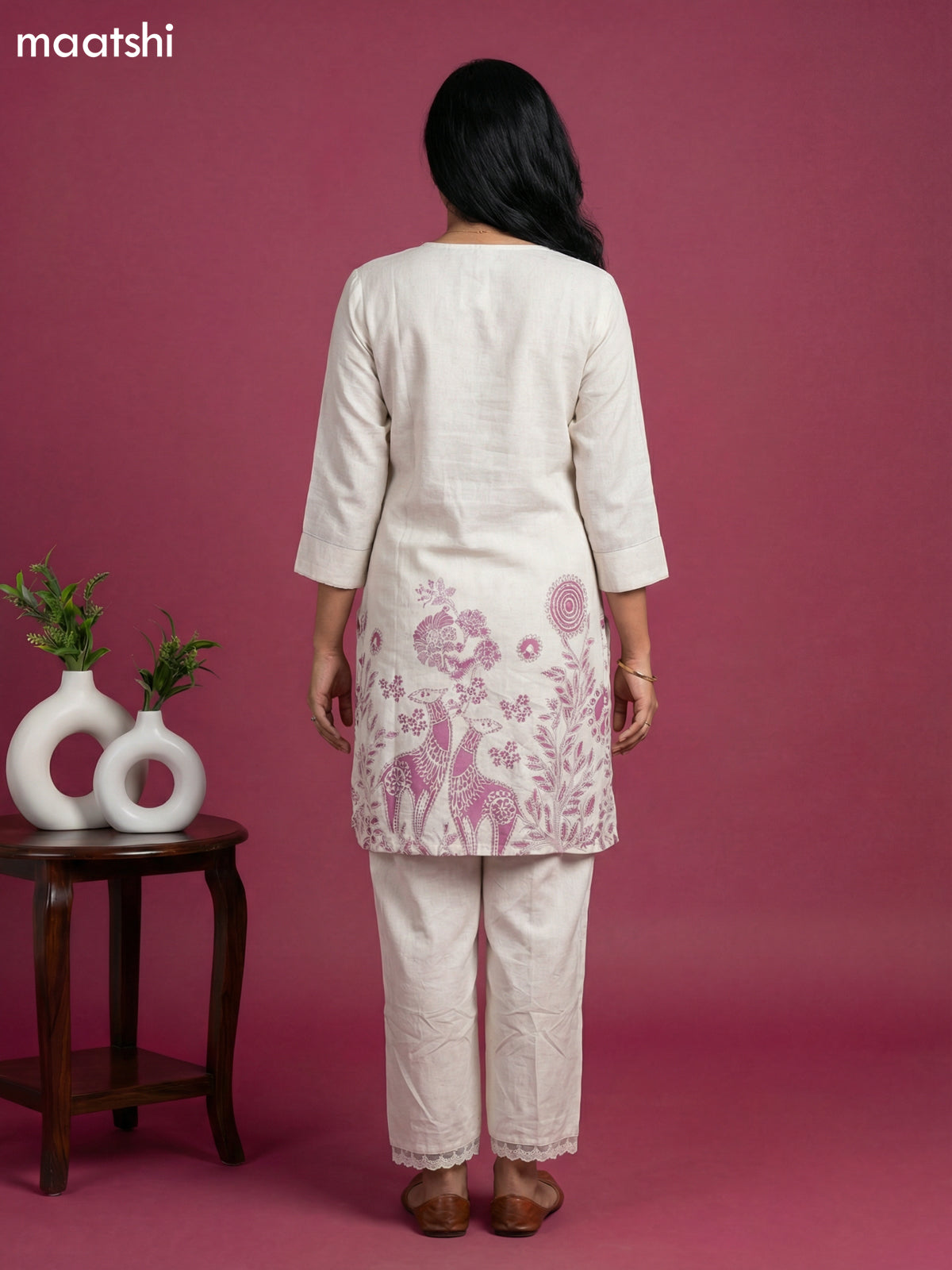 Off White and Mauve Pink Linen Cotton Printed Short Kurti Set