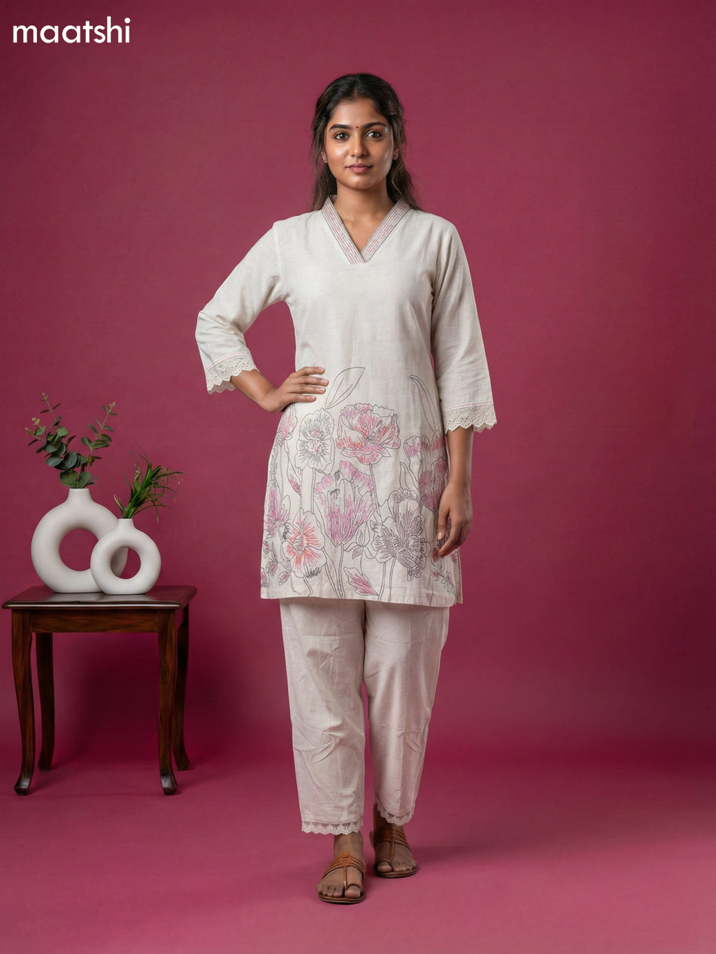 Off White Linen Cotton Printed Short Kurti Set