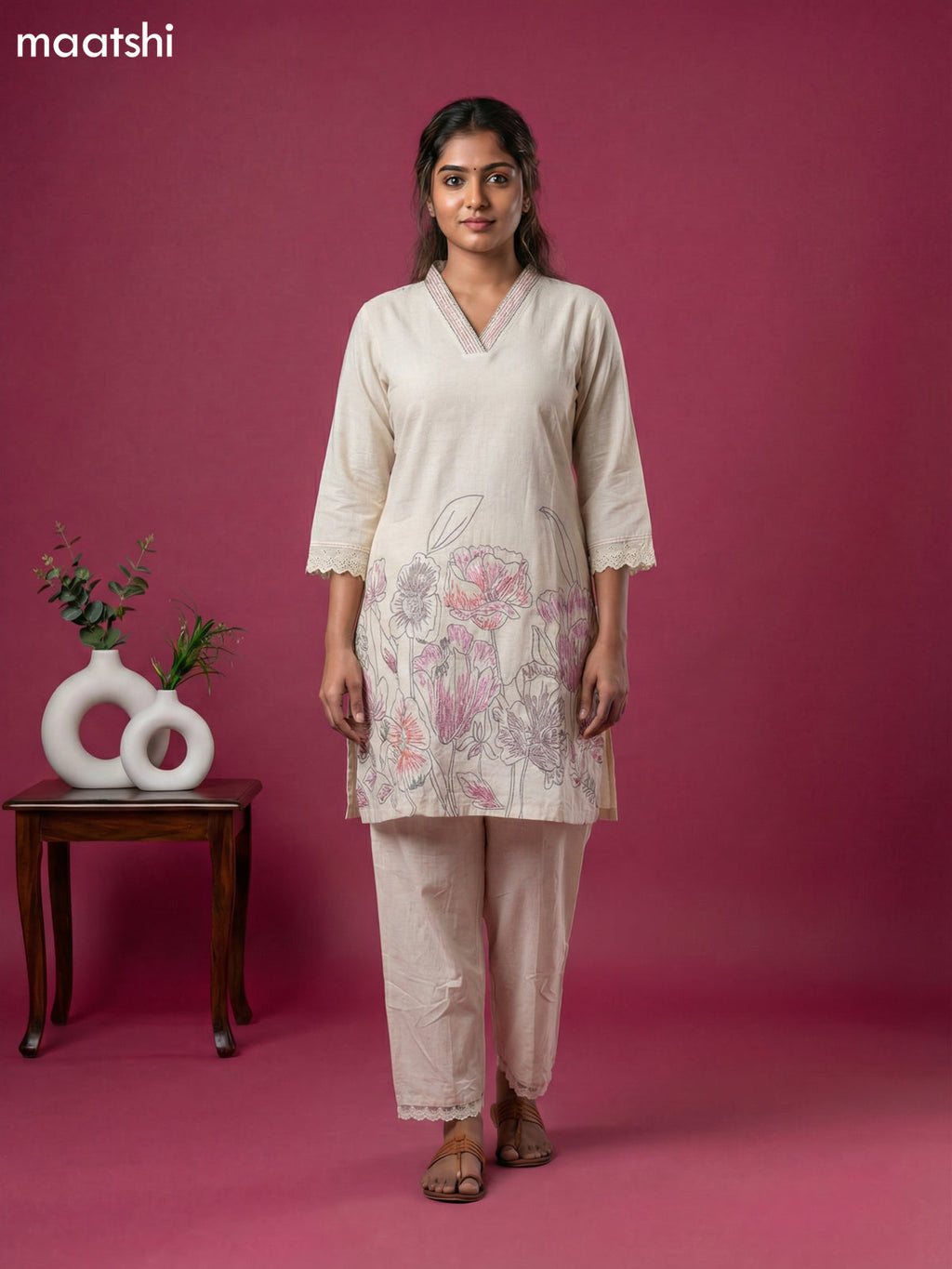 Off White Linen Cotton Printed Short Kurti Set