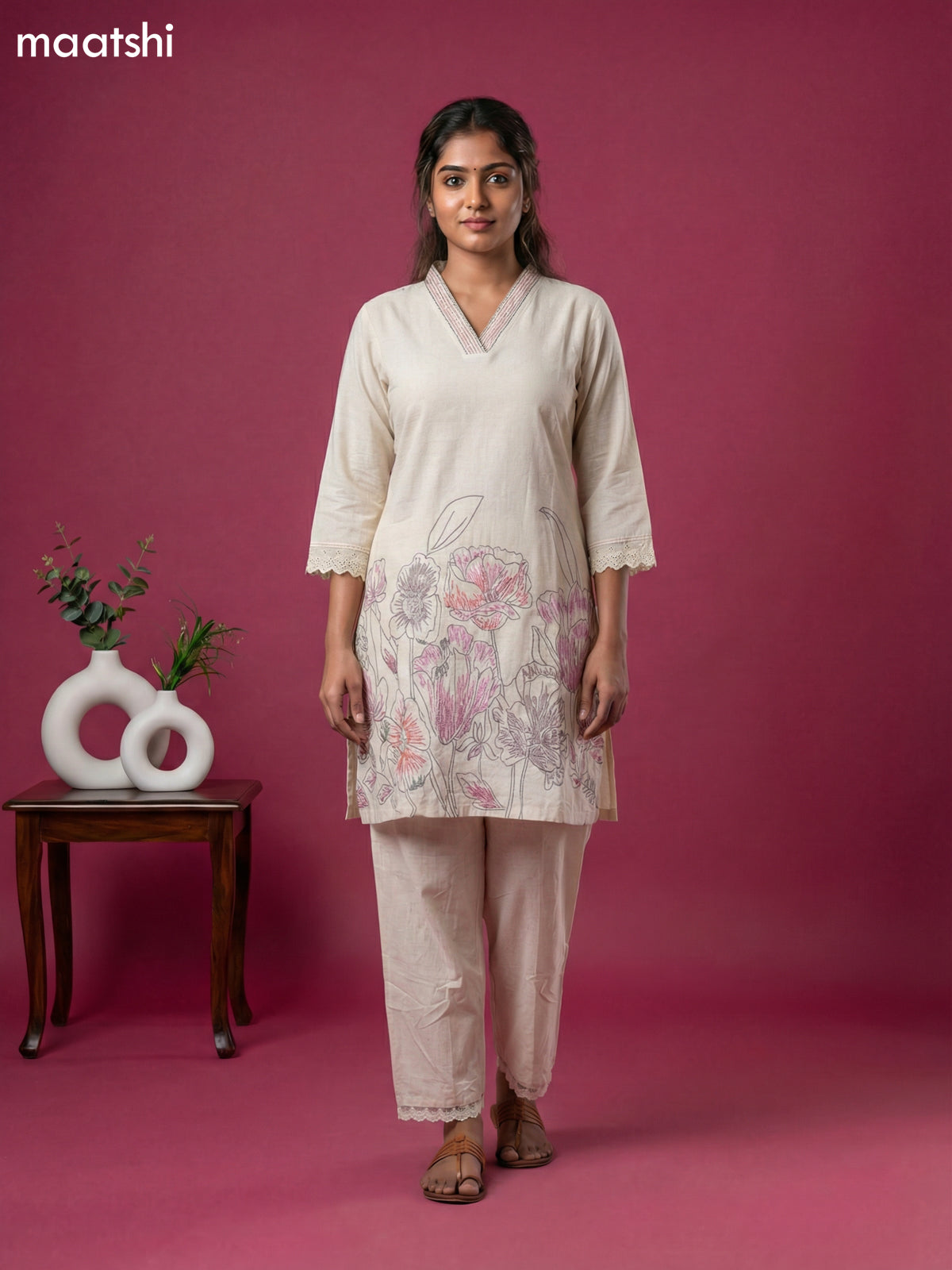Off White Linen Cotton Printed Short Kurti Set