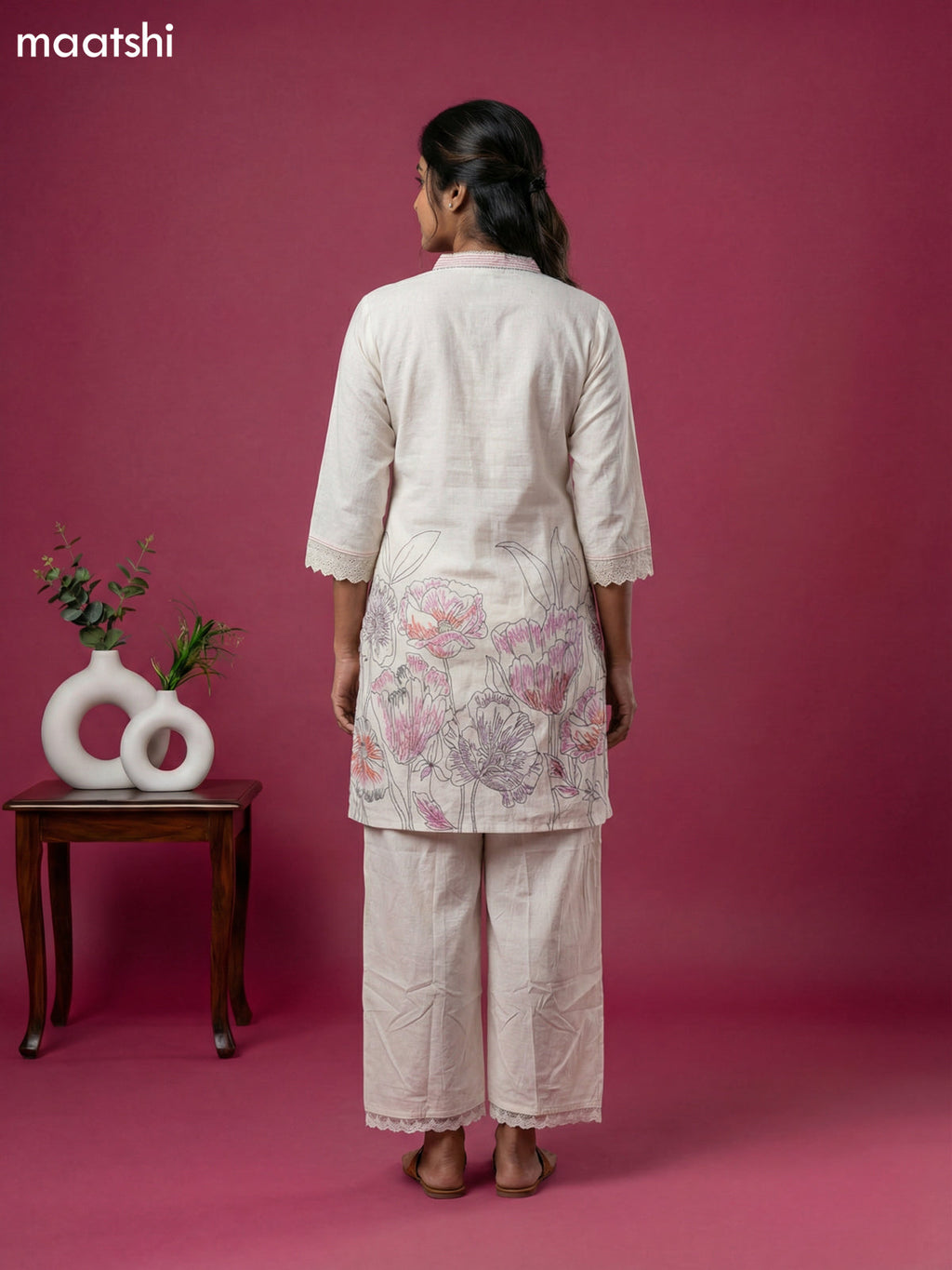Off White Linen Cotton Printed Short Kurti Set
