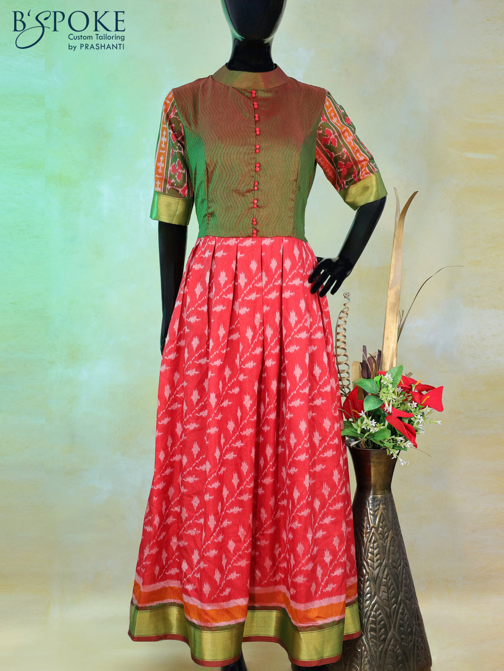 Semi tussar anarkali kurti dual shade of green and maroon with