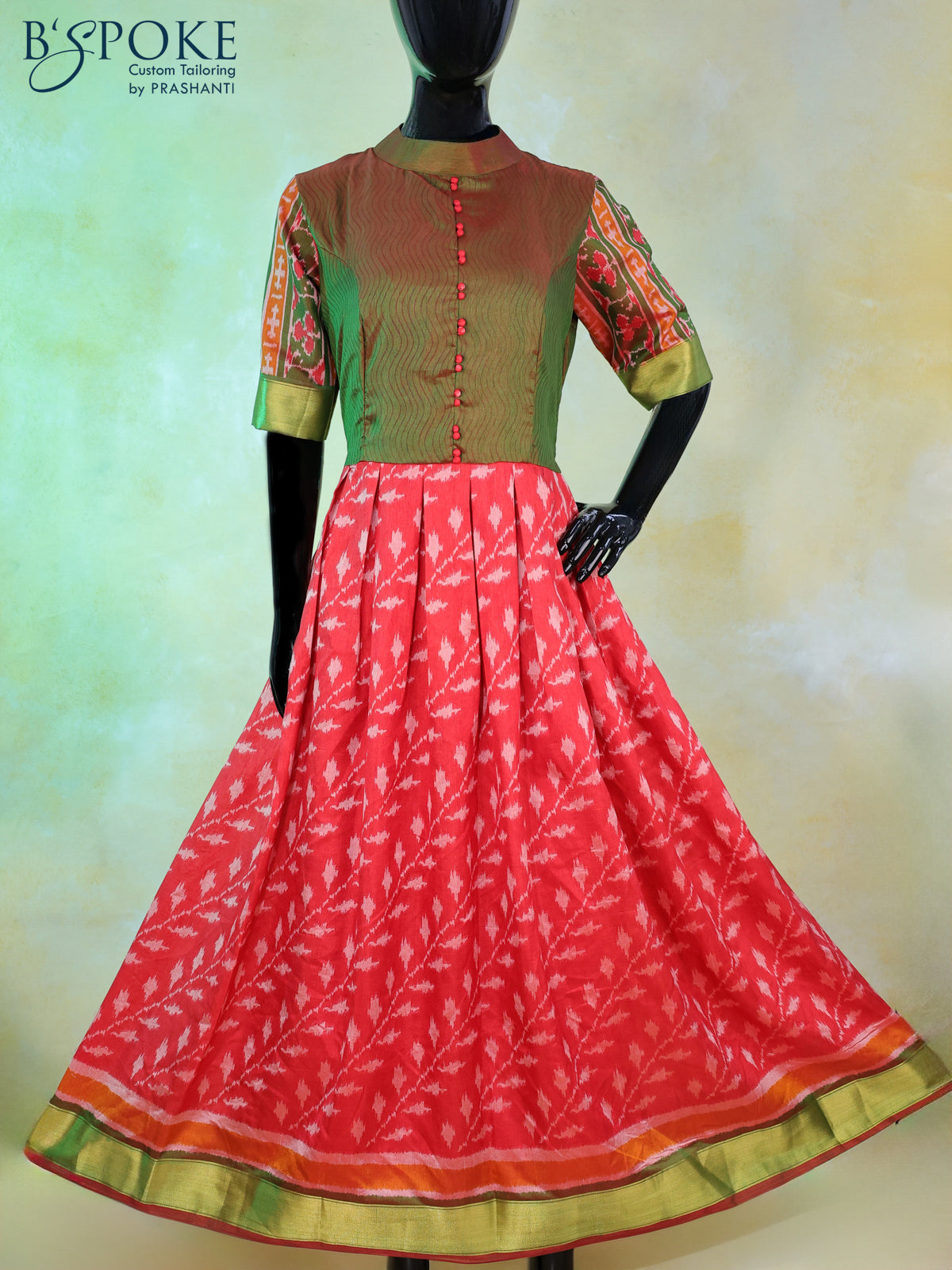 Semi tussar anarkali kurti dual shade of green and maroon with allover ikat weaves & collar neck pattern and back open & zip type