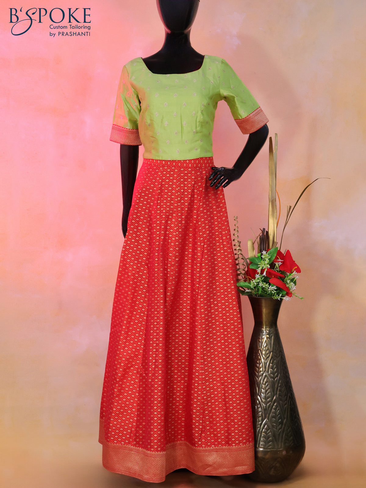 Banarasi kota top & skirt set pista green and red with allover thread & zari weaves and back open & hook type