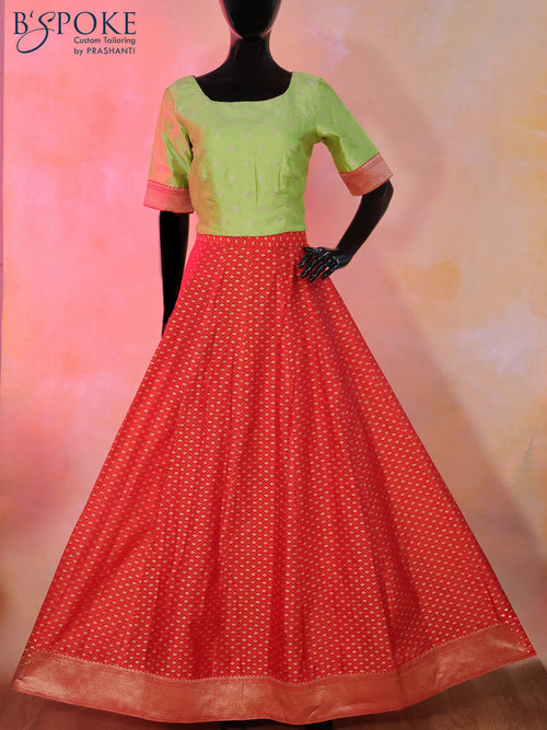 Banarasi kota top & skirt set pista green and red with allover thread & zari weaves and back open & hook type