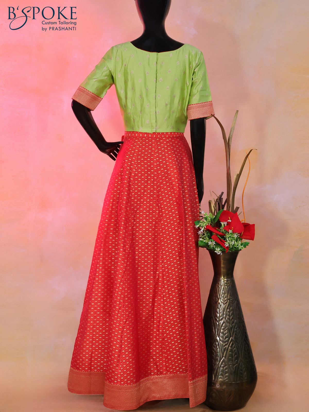 Banarasi kota top & skirt set pista green and red with allover thread & zari weaves and back open & hook type