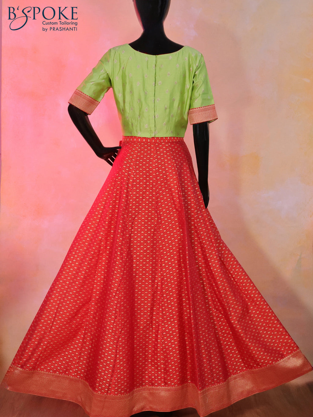 Banarasi kota top & skirt set pista green and red with allover thread & zari weaves and back open & hook type