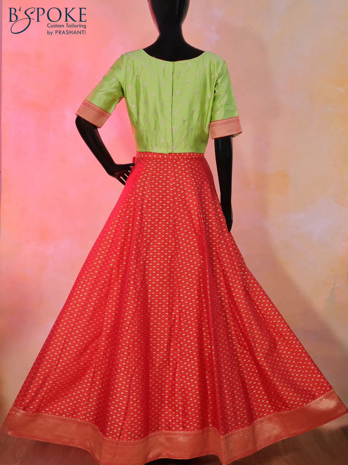 Banarasi kota top & skirt set pista green and red with allover thread & zari weaves and back open & hook type