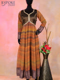 Semi georgette alia cut kurti brown and multi colour with patch work neck design & sequin work and back knot & zip type