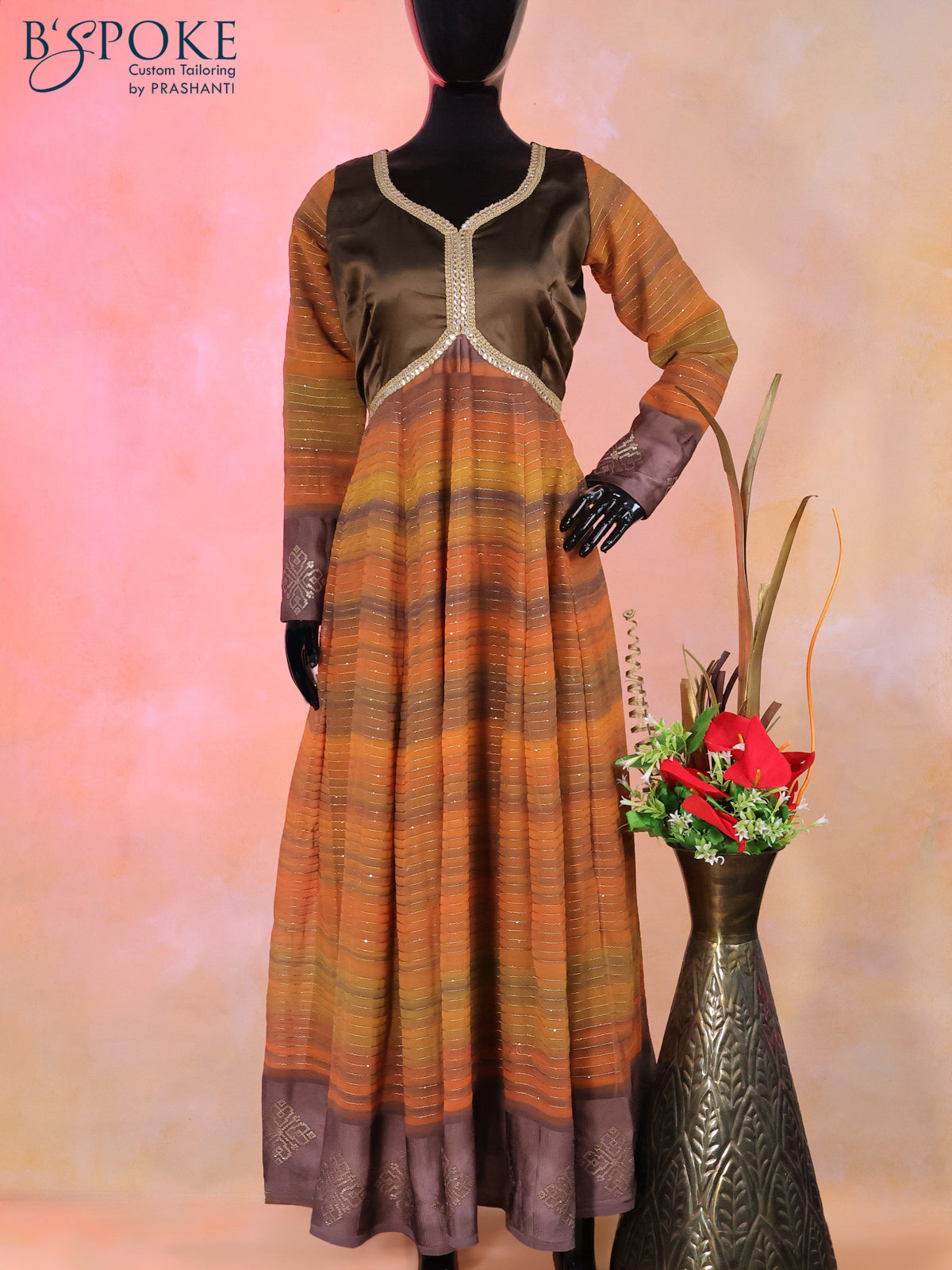 Semi georgette alia cut kurti brown and multi colour with patch work neck design & sequin work and back knot & zip type