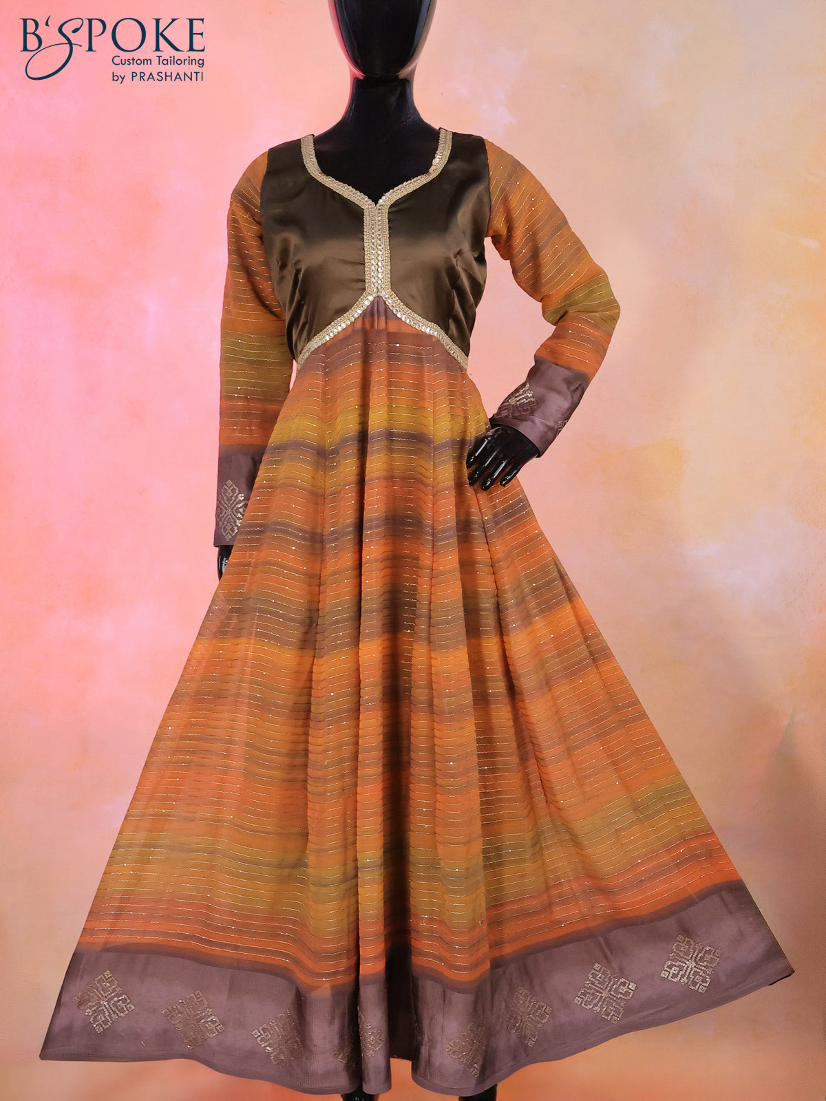 Semi georgette alia cut kurti brown and multi colour with patch work neck design & sequin work and back knot & zip type