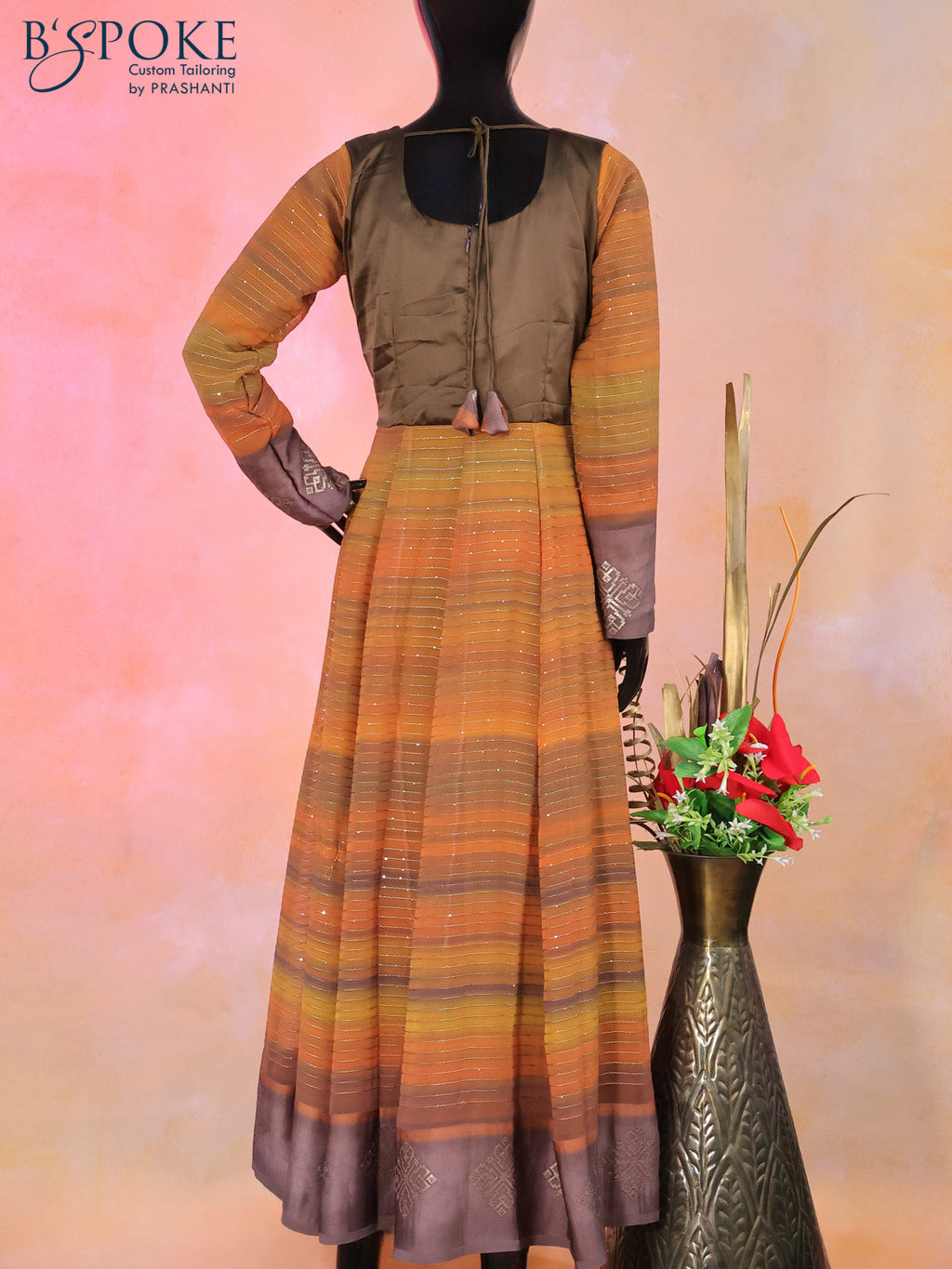Semi georgette alia cut kurti brown and multi colour with patch work neck design & sequin work and back knot & zip type