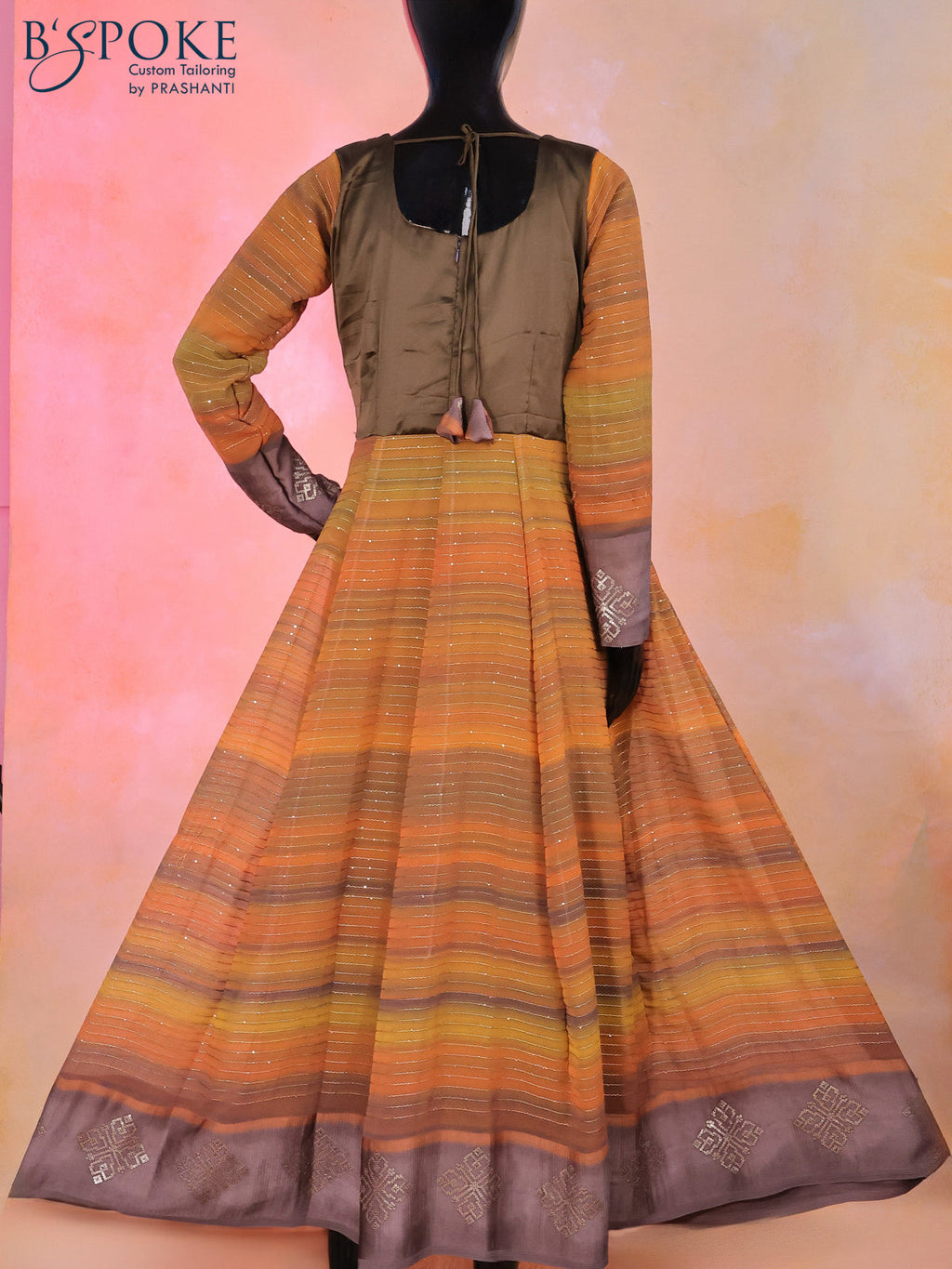 Semi georgette alia cut kurti brown and multi colour with patch work neck design & sequin work and back knot & zip type