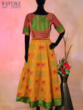 Semi tussar anarkali kurti maroon and mustard yellow with allover elephant butta prints & brocade weaves and simple neck pattern