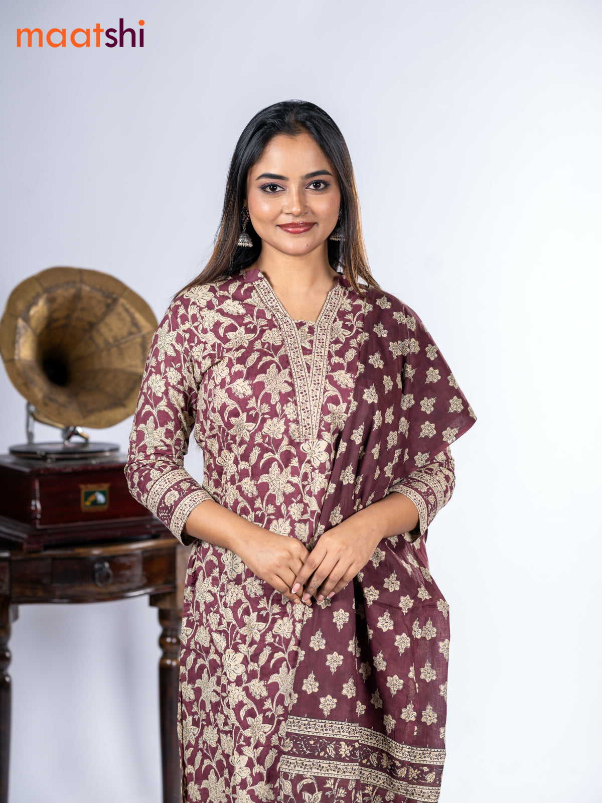 Cotton salwar suit maroon and beige with allover kalamkari prints & sequin work neck pattern and straight cut pant & dupatta