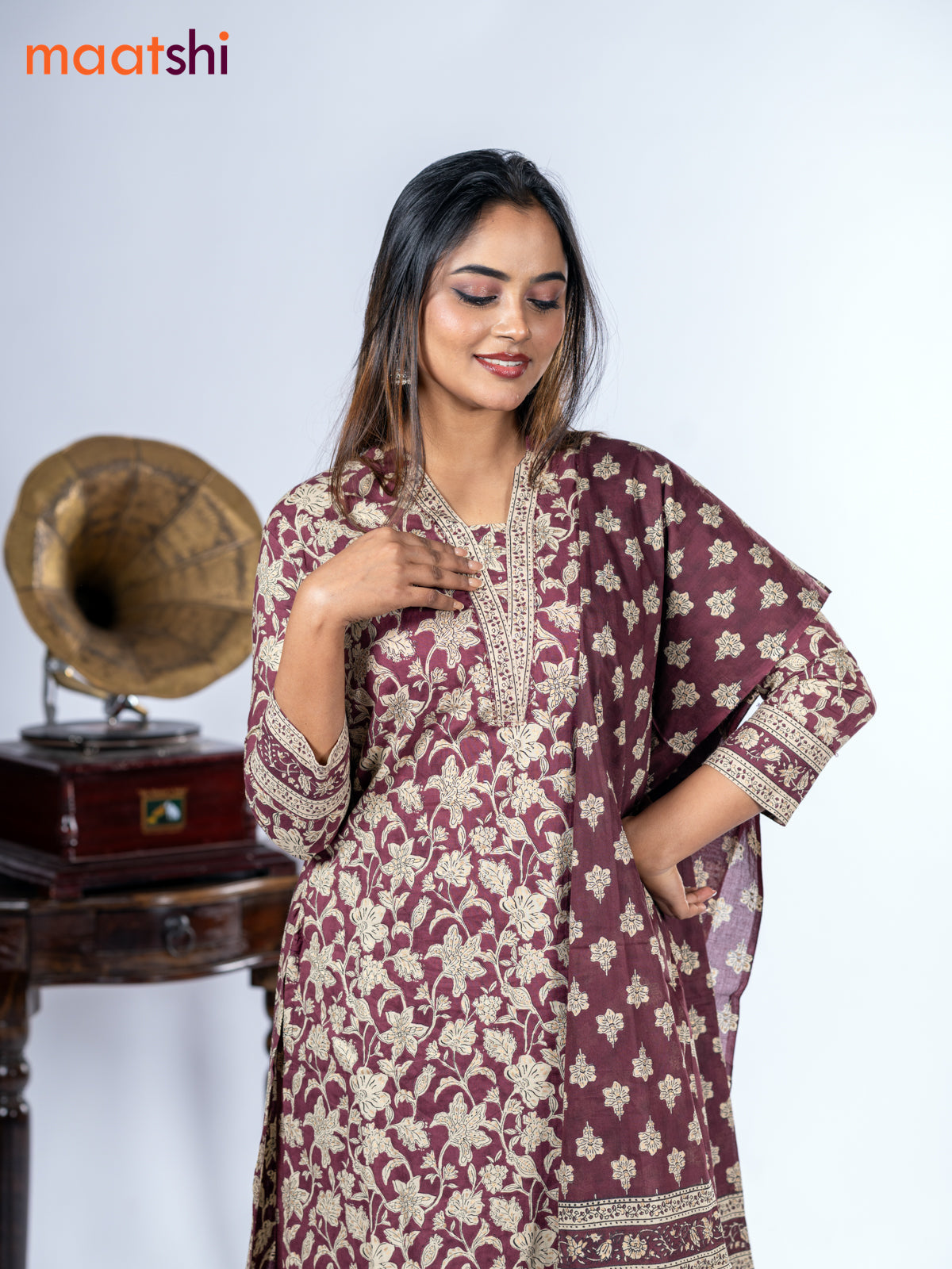 Cotton salwar suit maroon and beige with allover kalamkari prints & sequin work neck pattern and straight cut pant & dupatta