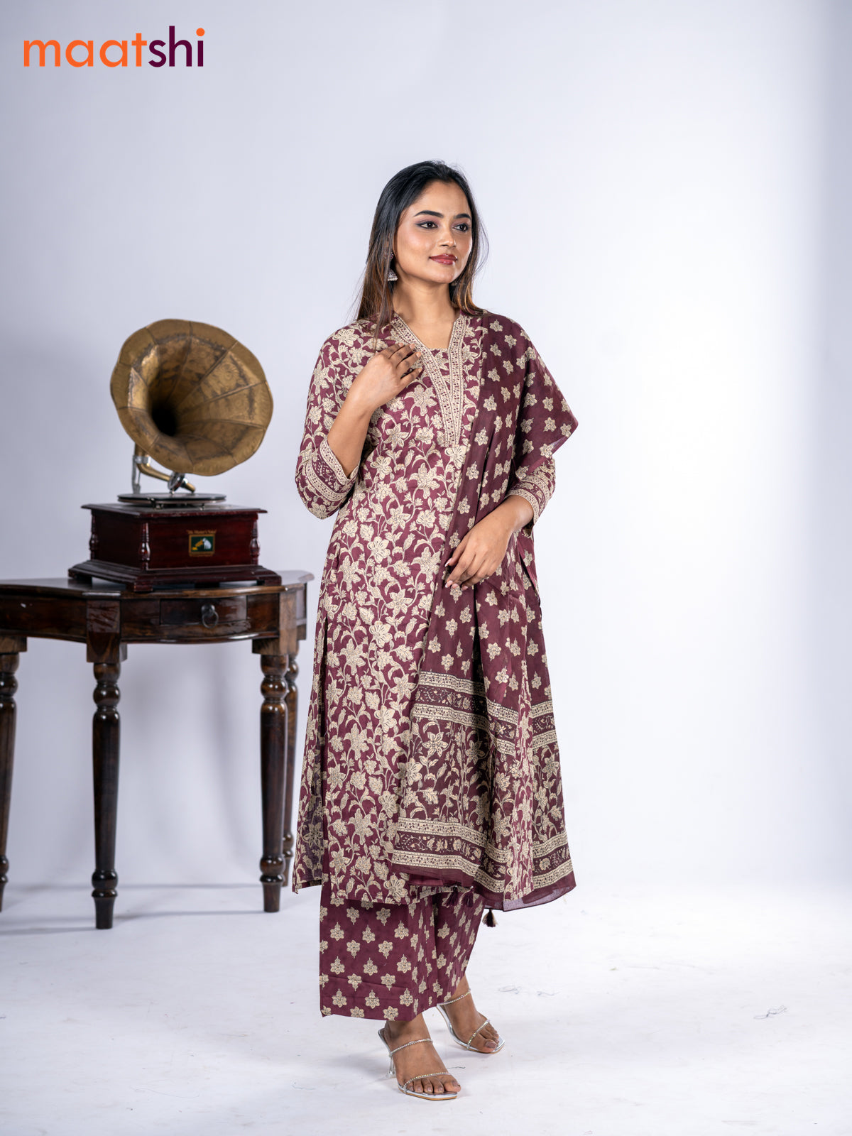 Cotton salwar suit maroon and beige with allover kalamkari prints & sequin work neck pattern and straight cut pant & dupatta