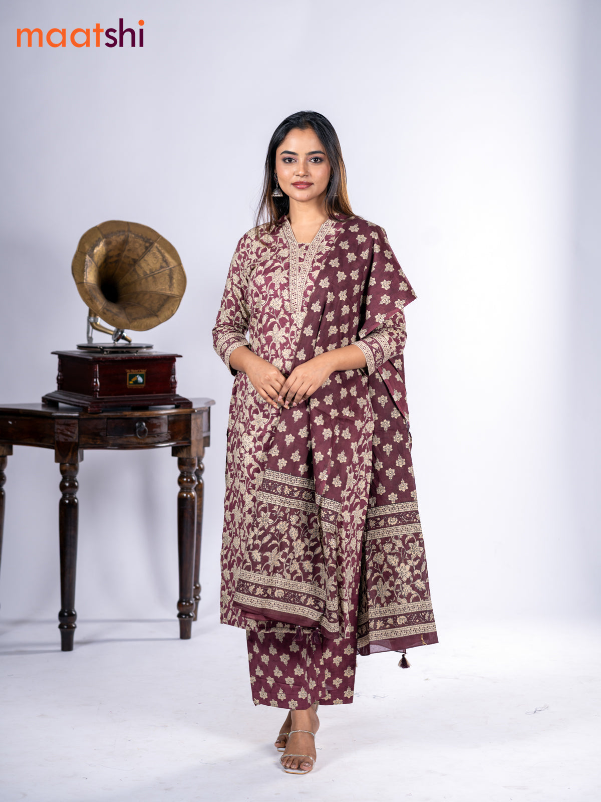 Cotton salwar suit maroon and beige with allover kalamkari prints & sequin work neck pattern and straight cut pant & dupatta