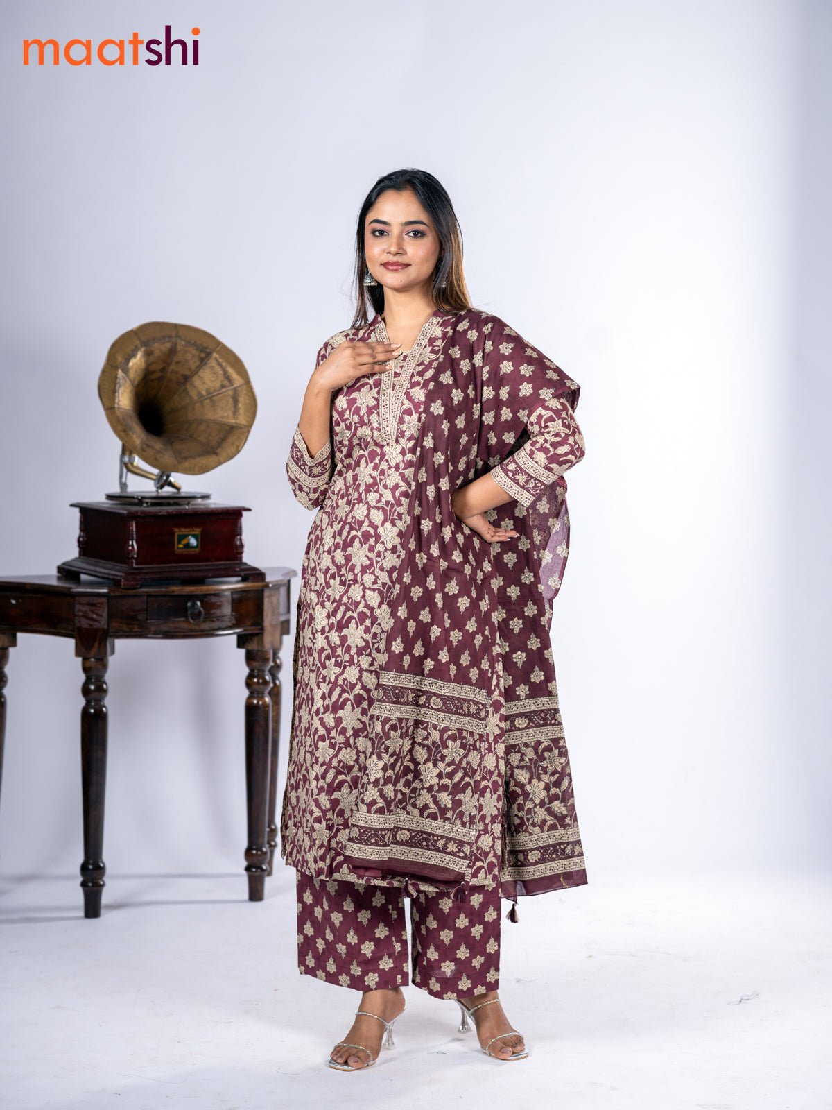 Cotton salwar suit maroon and beige with allover kalamkari prints & sequin work neck pattern and straight cut pant & dupatta