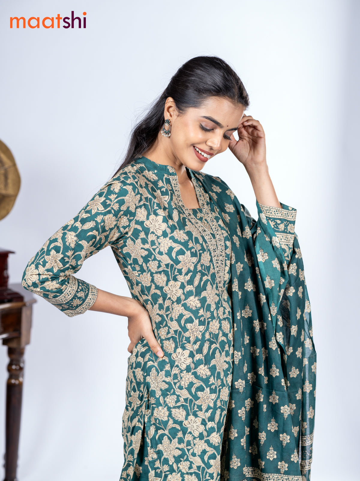Cotton salwar suit peacock green and beige with allover kalamkari prints & sequin work neck pattern and straight cut pant & dupatta