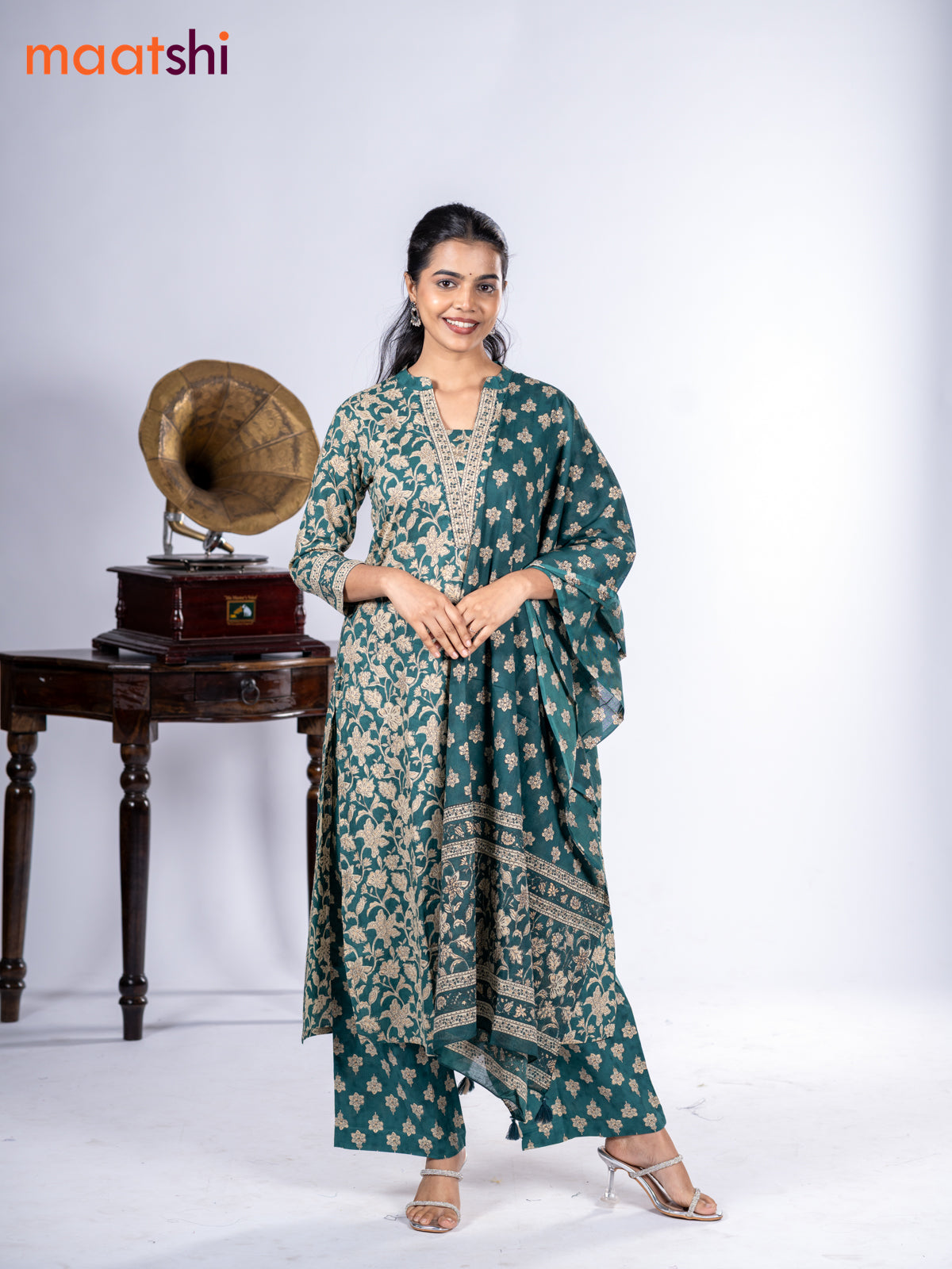 Cotton salwar suit peacock green and beige with allover kalamkari prints & sequin work neck pattern and straight cut pant & dupatta