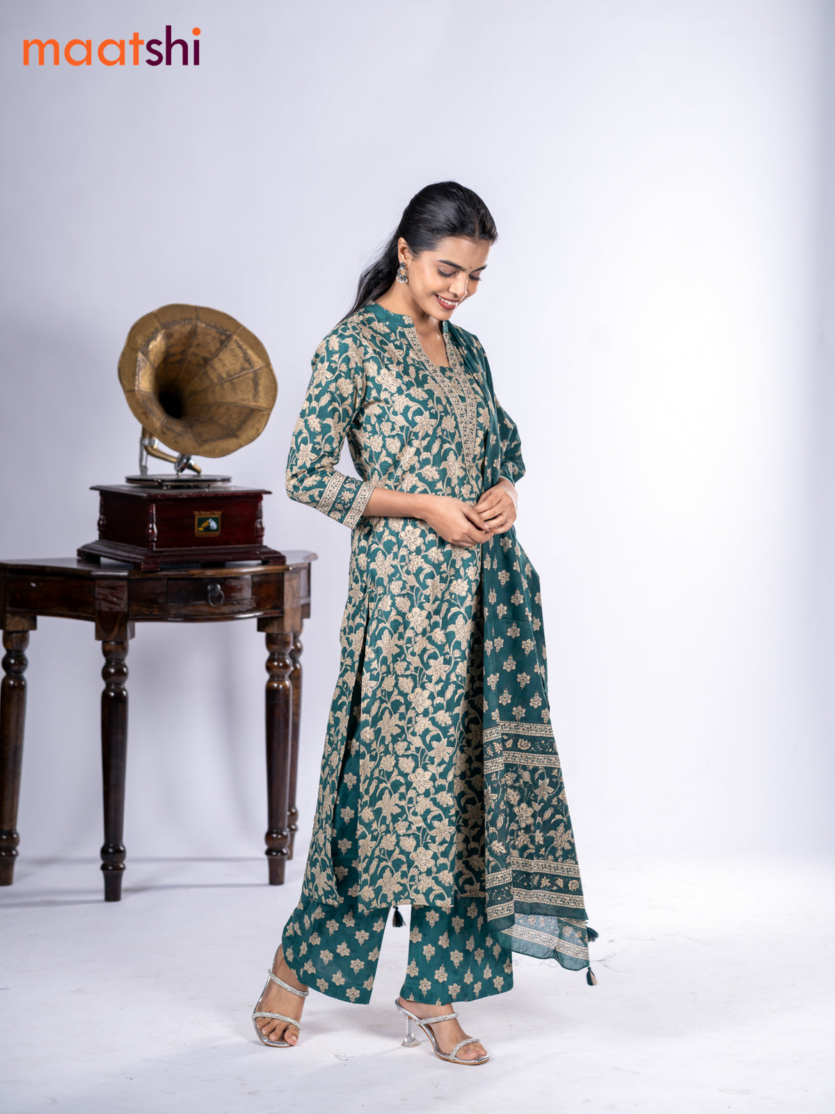 Cotton salwar suit peacock green and beige with allover kalamkari prints & sequin work neck pattern and straight cut pant & dupatta