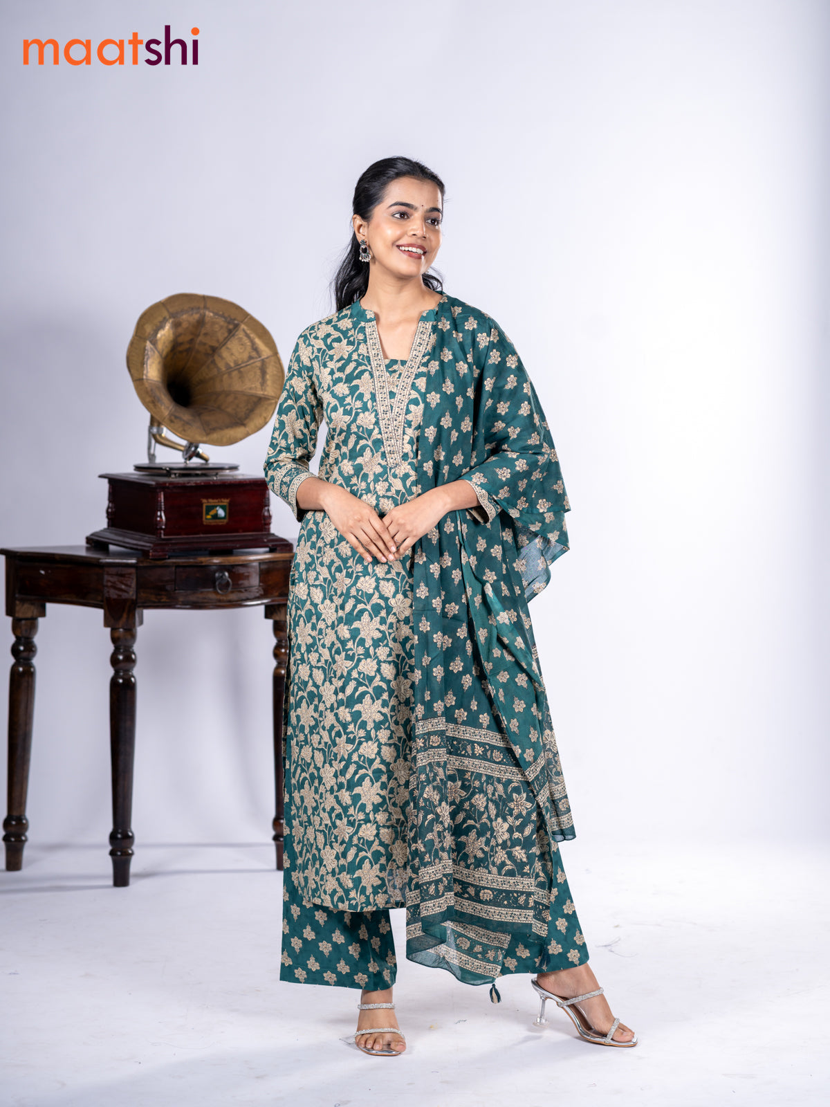 Cotton salwar suit peacock green and beige with allover kalamkari prints & sequin work neck pattern and straight cut pant & dupatta