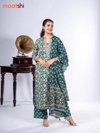 Cotton salwar suit peacock green and beige with allover kalamkari prints & sequin work neck pattern and straight cut pant & dupatta