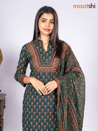 Cotton salwar suit dark green with allover floral butta printa & patch work neck pattern and straight cut pant & dupatta