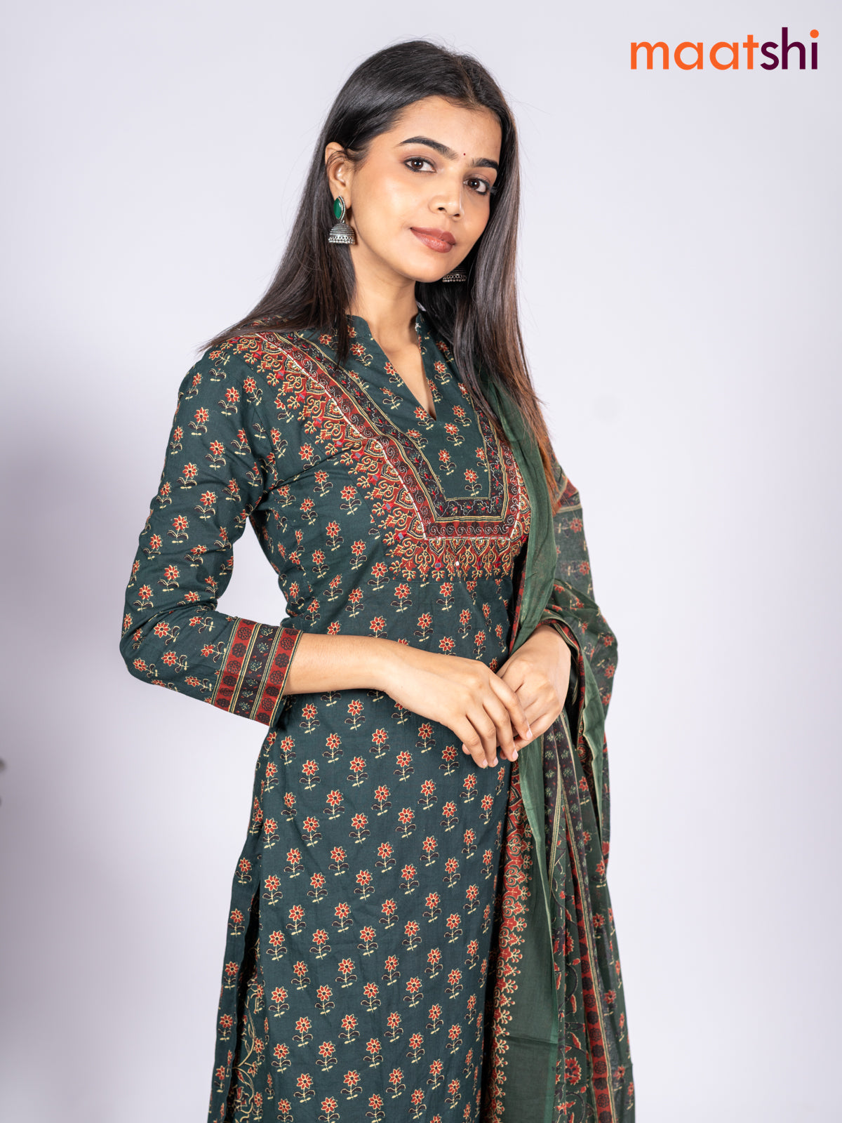 Cotton salwar suit dark green with allover floral butta printa & patch work neck pattern and straight cut pant & dupatta