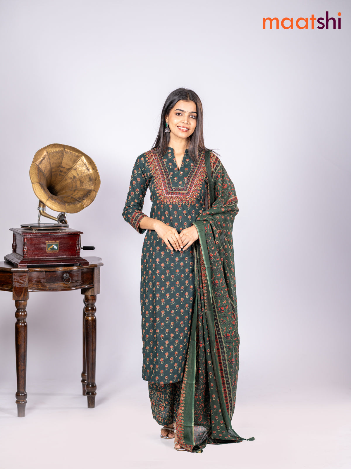 Cotton salwar suit dark green with allover floral butta printa & patch work neck pattern and straight cut pant & dupatta