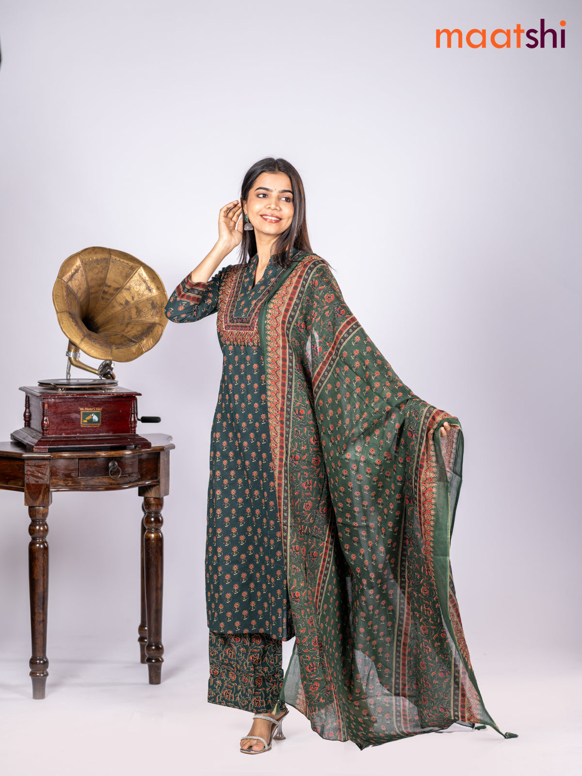 Cotton salwar suit dark green with allover floral butta printa & patch work neck pattern and straight cut pant & dupatta