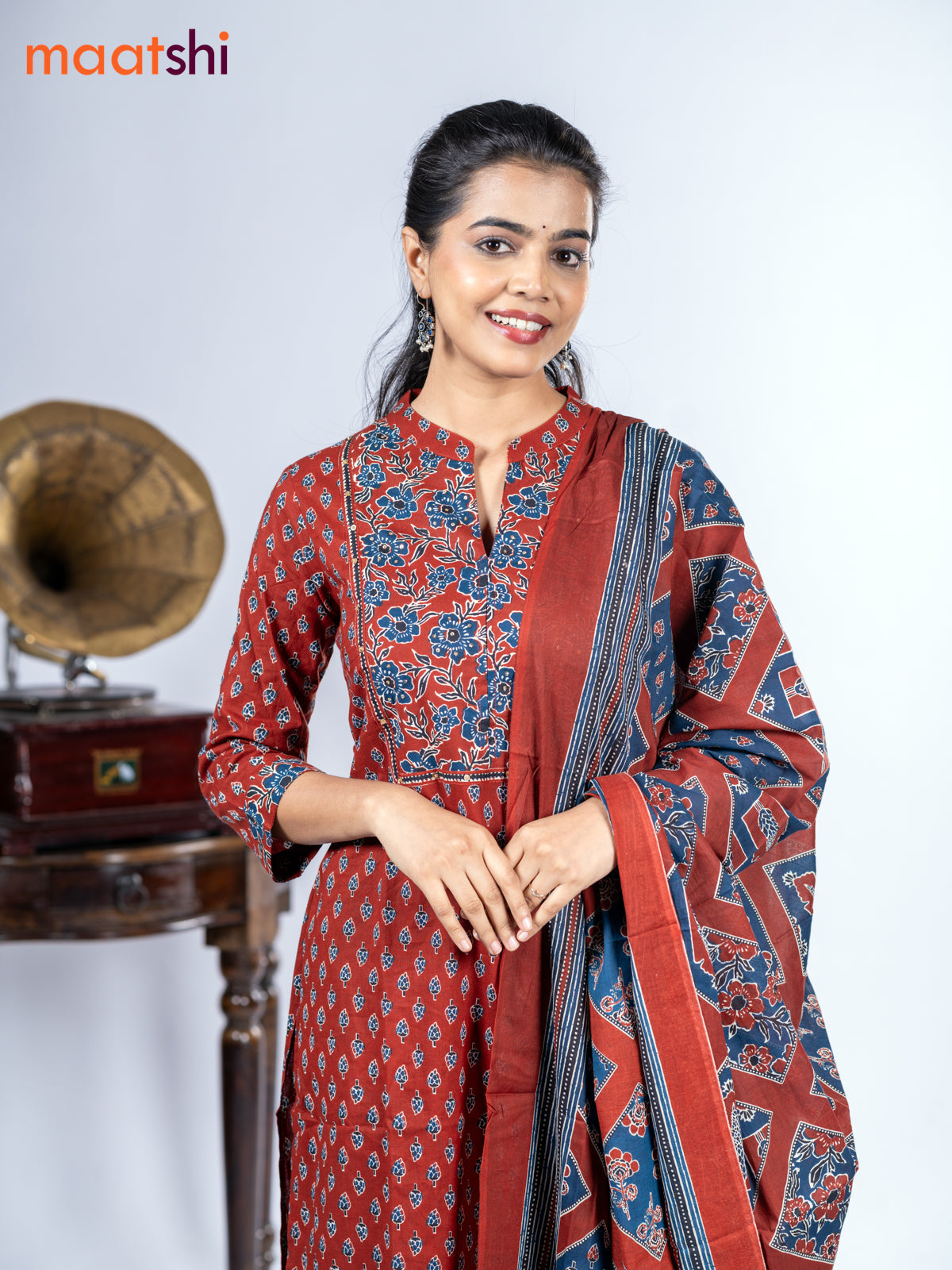Cotton salwar suit maroon with allover ajrakh prints & sequin work neck pattern and straight cut pant & dupatta