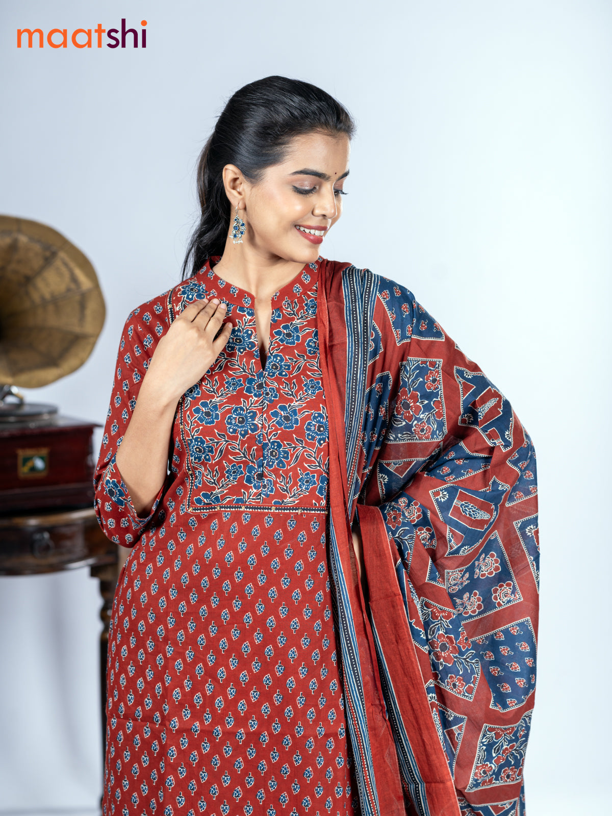Cotton salwar suit maroon with allover ajrakh prints & sequin work neck pattern and straight cut pant & dupatta