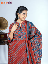 Cotton salwar suit maroon with allover ajrakh prints & sequin work neck pattern and straight cut pant & dupatta