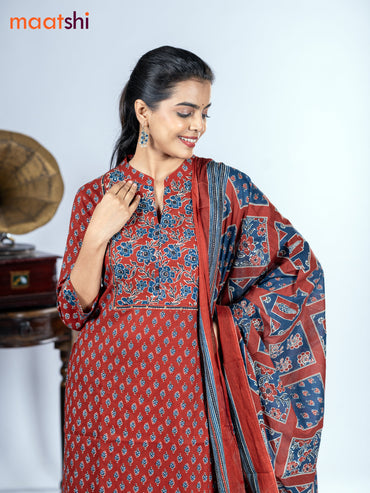 Cotton salwar suit maroon with allover ajrakh prints & sequin work neck pattern and straight cut pant & dupatta