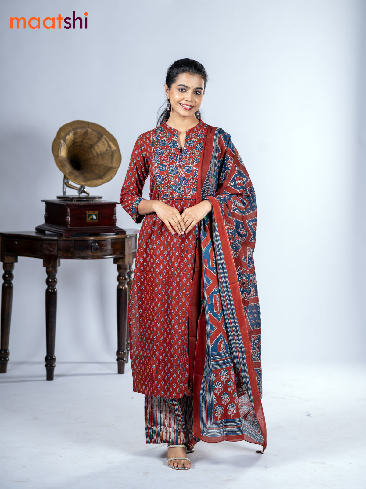 Cotton salwar suit maroon with allover ajrakh prints & sequin work neck pattern and straight cut pant & dupatta