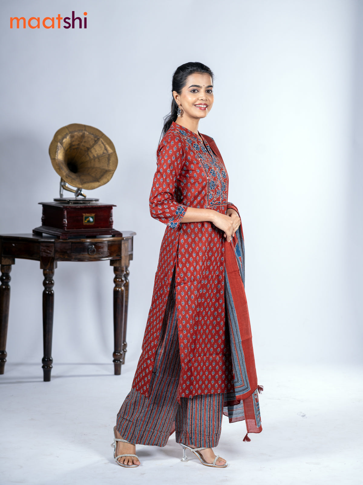Cotton salwar suit maroon with allover ajrakh prints & sequin work neck pattern and straight cut pant & dupatta