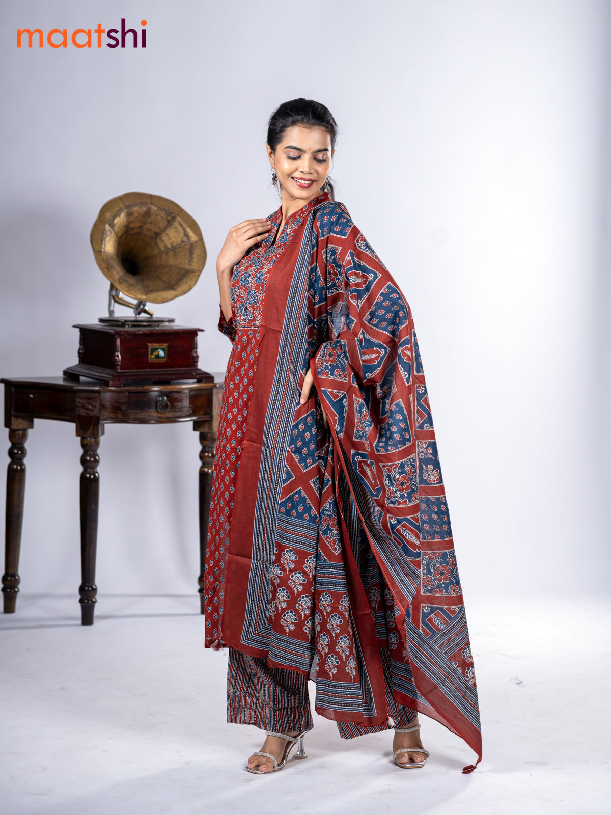 Cotton salwar suit maroon with allover ajrakh prints & sequin work neck pattern and straight cut pant & dupatta