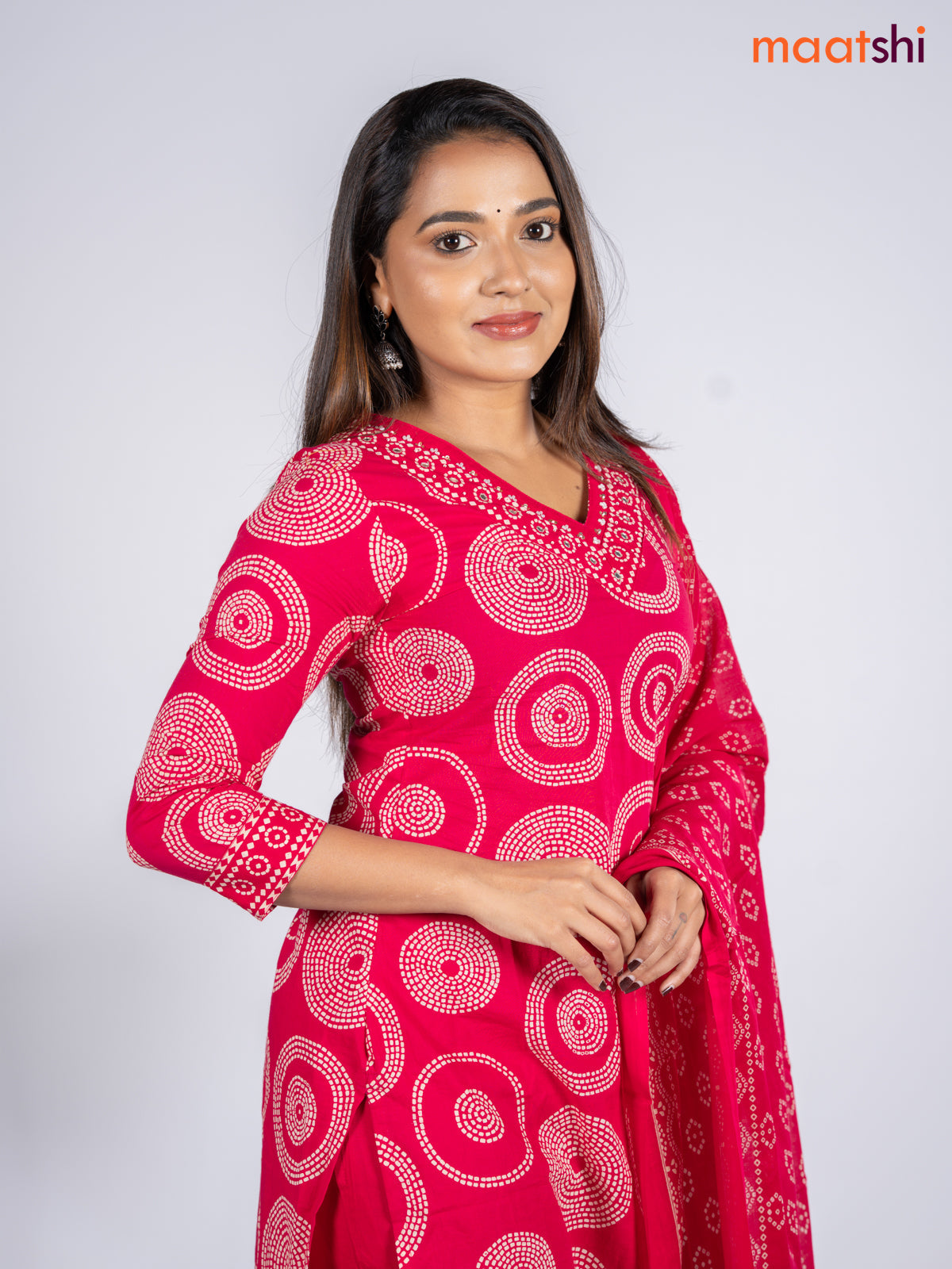 Cotton salwar suit pink with allover bandhani prints & sequin beaded work v neck pattern and straight cut pant & dupatta