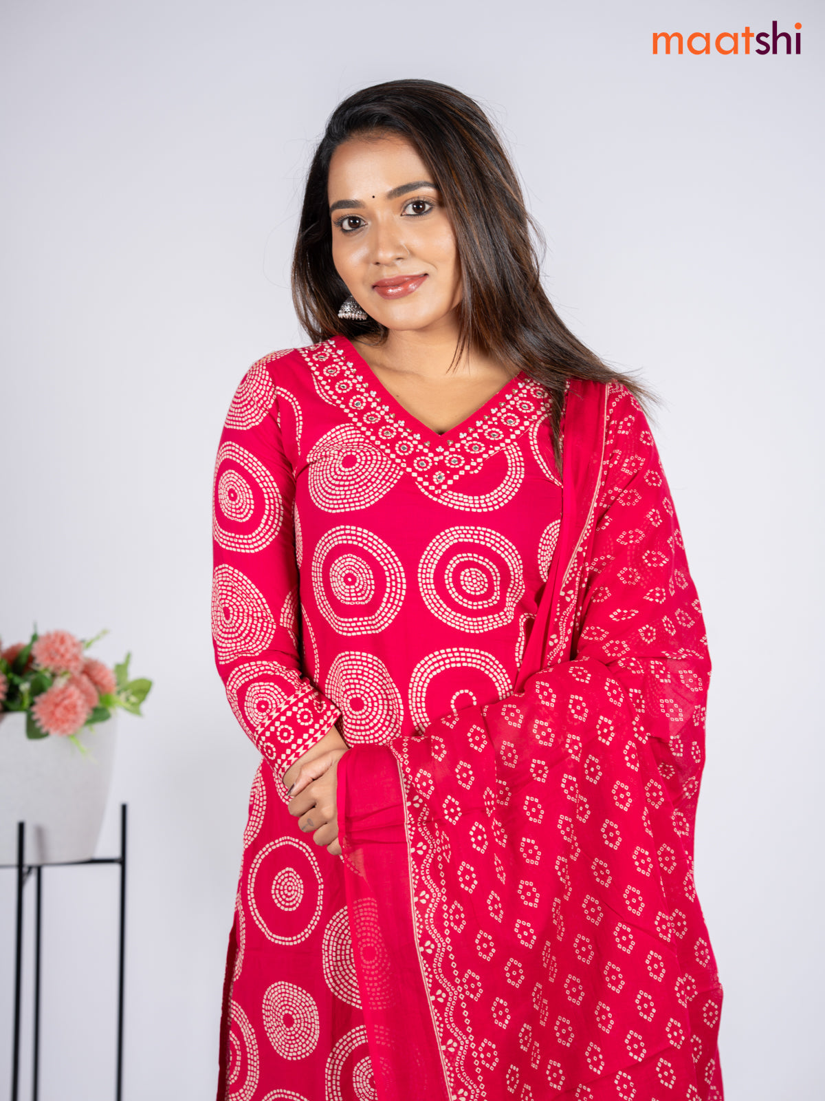 Cotton salwar suit pink with allover bandhani prints & sequin beaded work v neck pattern and straight cut pant & dupatta