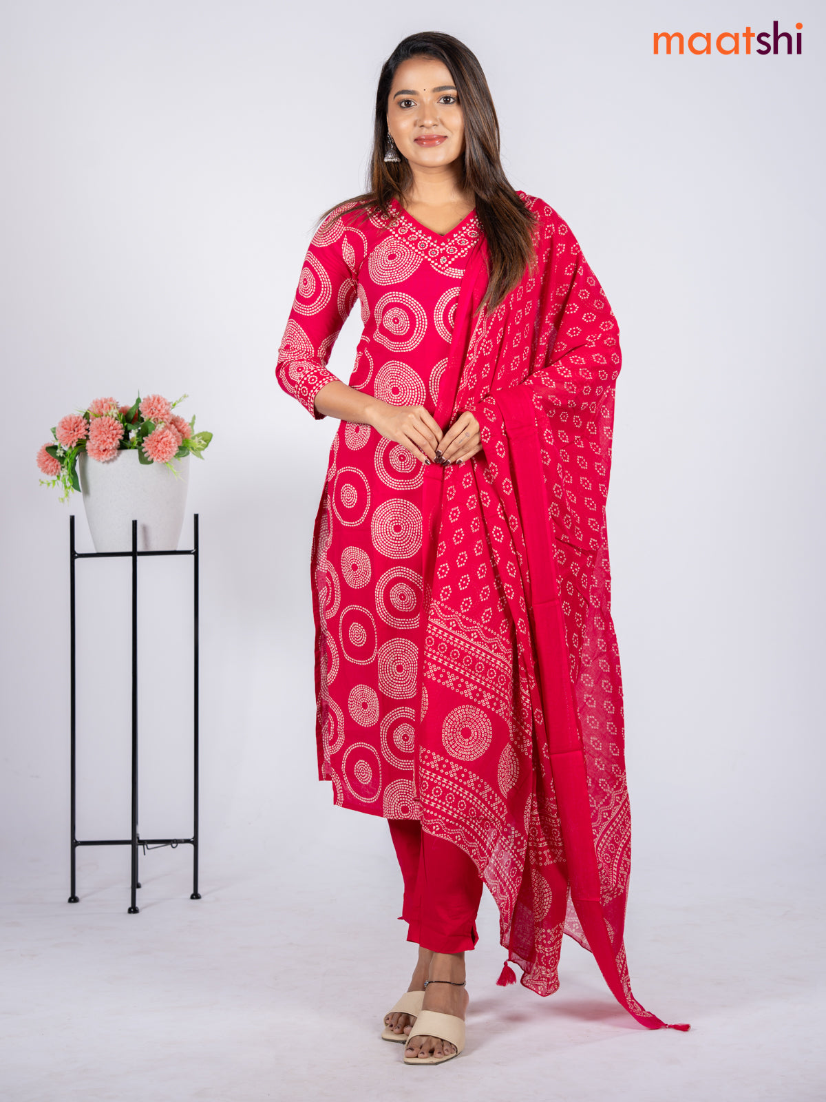 Cotton salwar suit pink with allover bandhani prints & sequin beaded work v neck pattern and straight cut pant & dupatta