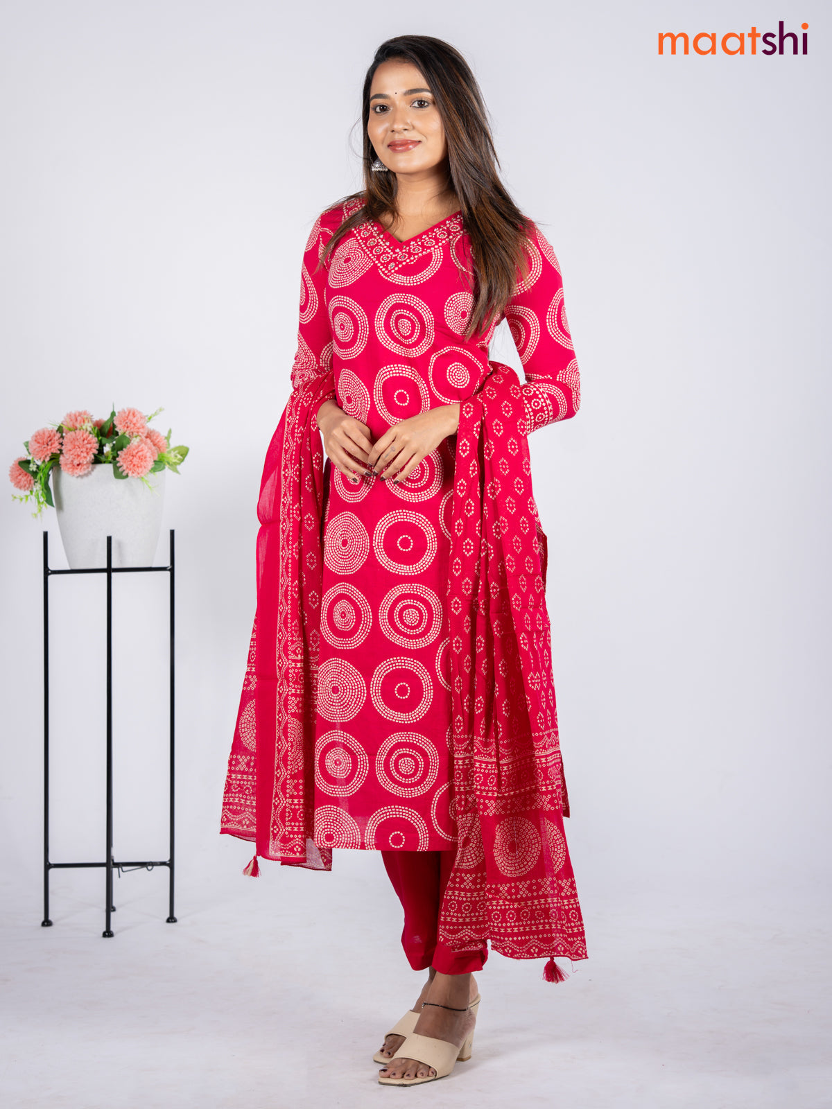 Cotton salwar suit pink with allover bandhani prints & sequin beaded work v neck pattern and straight cut pant & dupatta
