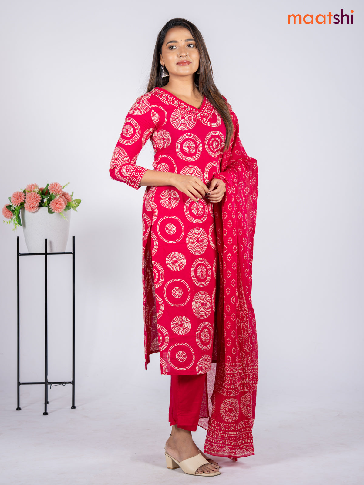 Cotton salwar suit pink with allover bandhani prints & sequin beaded work v neck pattern and straight cut pant & dupatta
