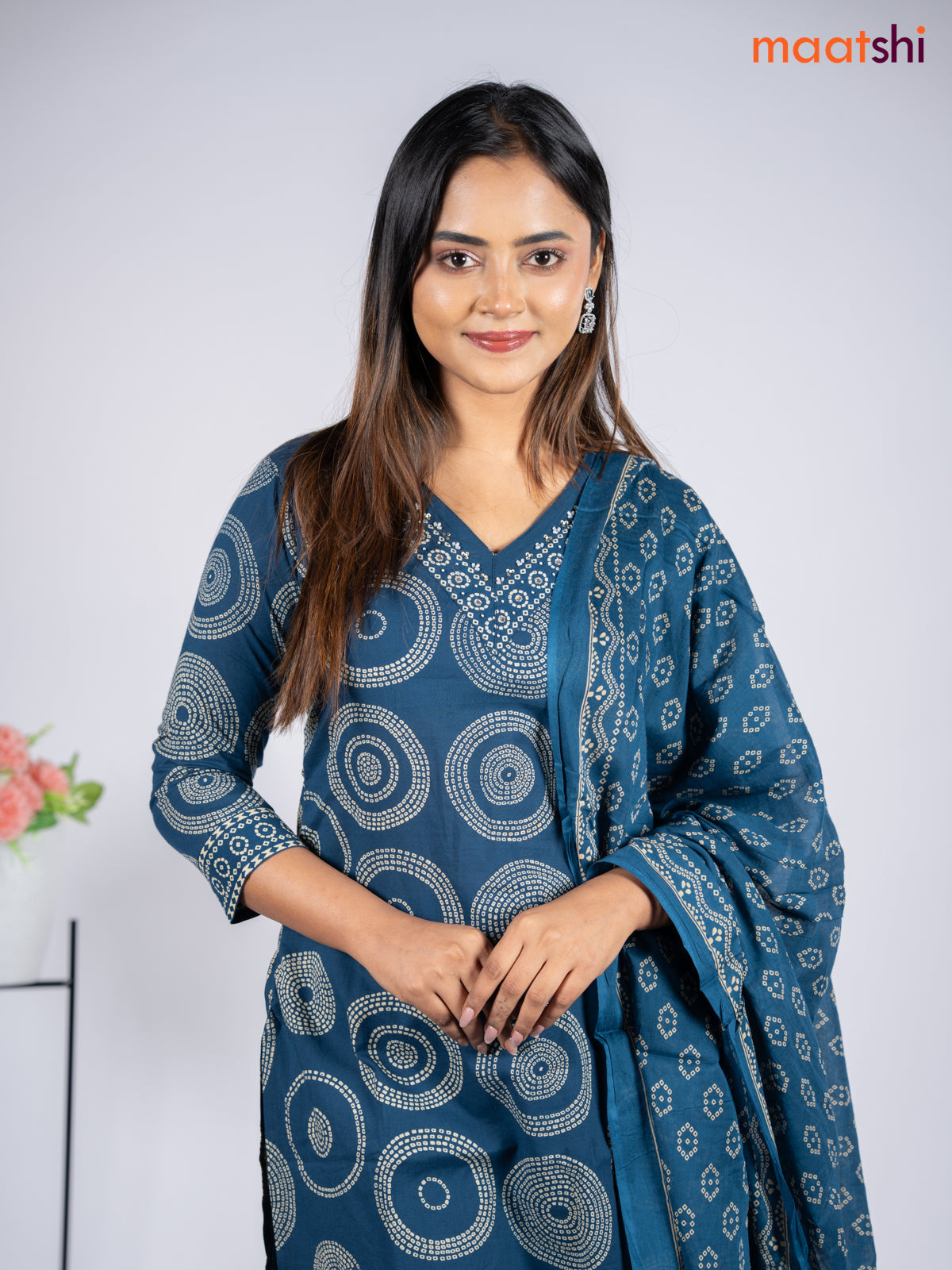 Cotton salwar suit peacock blue with allover bandhani prints & sequin beaded work v neck pattern and straight cut pant & dupatta
